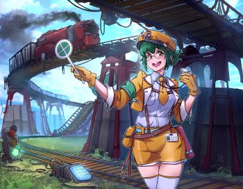 absurdres armband belt belt_buckle blouse blue_light buckle engineer_(factorio) factorio gear glasses gloves green_hair green_light highres hrusa id_card necktie open_mouth pouch shirt skirt strap thighhighs train train_tracks whistle whistle_around_neck yellow_eyes zettai_ryouiki