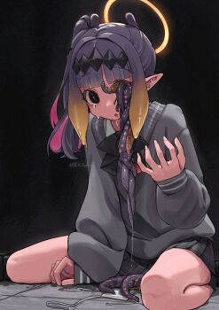 1girl alternate_costume black_background black_bow black_eyes black_skirt black_sweater blunt_bangs bow colored_inner_hair commentary crying crying_with_eyes_open english_commentary eyepatch halo highres hololive hololive_english long_hair long_sleeves looking_at_viewer medical_eyepatch missing_eye mochiyuki_(gigfor1) multicolored_hair ninomae_ina&#039;nis object_in_eye open_mouth pink_eyes pleated_skirt pointy_ears purple_hair side_ponytail simple_background sitting skirt solo sweater tears tentacle_hair unworn_eyepatch virtual_youtuber