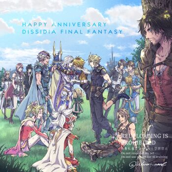 4girls 6+boys animal_ears anniversary armband armor baggy_pants bandaged_arm bandages bare_shoulders bartz_klauser beard_stubble belt black_armband black_boots black_cloak black_hair black_jacket black_pantyhose blonde_hair blue_cape blue_eyes blue_pants blue_shirt blue_vest boots breasts brown_belt cape cat_ears cat_tail cecil_harvey clive_rosfield cloak closed_eyes cloud_strife commentary_request cropped_vest detached_sleeves dissidia_duellum_final_fantasy dissidia_final_fantasy dress facial_hair fake_horns final_fantasy final_fantasy_ii final_fantasy_iii final_fantasy_iv final_fantasy_ix final_fantasy_v final_fantasy_vi final_fantasy_vii final_fantasy_viii final_fantasy_x final_fantasy_xi final_fantasy_xiii final_fantasy_xiv final_fantasy_xv final_fantasy_xvi fingerless_gloves firion fur-trimmed_jacket fur_trim gloves gradient_cape green_hair grey_hair hair_ribbon headscarf helmet highres hood hood_down horned_helmet horns hug in-franchise_crossover jacket jewelry kneeling lightning_farron low_ponytail medium_breasts metal_gloves midriff miqo'te multiple_boys multiple_girls necklace noctis_lucis_caelum onion_knight outdoors pants pantyhose parted_bangs parted_lips pauldrons pink_cape pink_hair pink_ribbon plume ponytail print_pantyhose red_armor red_cape red_dress red_helmet red_sleeves red_vest ribbon shantotto shirt short_hair shoulder_armor single_pauldron sitting sleeveless sleeveless_turtleneck smile spiked_hair squall_leonhart stubble suspenders sweatdrop tail tarutaru tidus tina_branford tree turtleneck twintails twitter_username vaan_(ff12) vest warori_anne warrior_of_light_(ff1) white_cape white_shirt white_vest y'shtola_rhul yellow_cape zidane_tribal