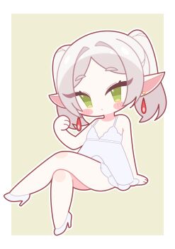 1girl absurdres arm_support blush_stickers border chibi chibi_only closed_mouth commentary crossed_legs dress earrings elf frieren frilled_dress frills green_eyes hair_intakes hand_up high_heels highres jewelry nightgown no_nose noxtwice official_alternate_costume outline outside_border pointy_ears shoes short_twintails sleeveless sleeveless_dress solo sousou_no_frieren spaghetti_strap thick_outlines tsurime twintails white_border white_dress white_hair white_outline white_shoes yellow_background