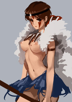 1girl bare_arms blue_skirt breasts brown_eyes brown_hair cape circlet closed_mouth commentary expressionless facepaint facial_mark forehead_mark fur_cape grey_background highres holding holding_polearm holding_weapon jewelry large_breasts looking_at_viewer midriff mononoke_hime navel necklace nipples pelt polearm san_(mononoke_hime) short_hair simple_background sketch skirt solo standing tooth_necklace topless_female torn_clothes weapon white_cape white_wolf zephy_(zephy2992)