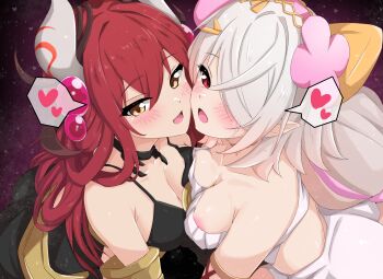 2girls arthropod_girl black_camisole blush breasts bukkake camisole cheek-to-cheek cleavage collarbone commentary_request cum duel_monster flower hair_between_eyes hair_flower hair_ornament hair_over_one_eye heads_together heart highres kurobe_18 long_hair looking_at_viewer monster_girl multicolored_hair multiple_girls open_mouth pink_hair plant_girl red_eyes red_hair shirt smile spoken_heart strapless strapless_shirt traptrix_allomerus traptrix_pinguicula very_long_hair yellow_eyes yu-gi-oh! yuri