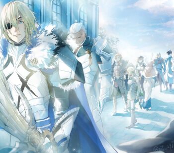 3girls 5boys annette_fantine_dominic aqua_cape areadbhar_(fire_emblem) arm_up armor ashe_ubert ashe_ubert_(timeskip) black_footwear black_fur black_hat blonde_hair blue_cape blue_eyes blue_gloves blue_scarf boobplate boots breastplate brown_gloves brown_hair building cape capelet closed_eyes closed_mouth cloud dark-skinned_male dark_skin dedue_molinaro dedue_molinaro_(timeskip) dimitri_alexandre_blaiddyd dimitri_alexandre_blaiddyd_(timeskip) dress eyepatch facial_scar faulds felix_hugo_fraldarius felix_hugo_fraldarius_(timeskip) fire_emblem fire_emblem:_three_houses forked_eyebrows fur-trimmed_cape fur-trimmed_capelet fur-trimmed_hood fur_trim gauntlets gloves greaves grey_hair hair_between_eyes hair_slicked_back hand_on_own_hip hat highres holding holding_polearm holding_weapon hood hood_down hooded_cape ingrid_brandl_galatea ingrid_brandl_galatea_(timeskip) leather_armor light_particles light_rays long_sleeves looking_ahead mercedes_von_martritz mercedes_von_martritz_(timeskip) multicolored_dress multiple_boys multiple_girls nintendo one_eye_covered orange_capelet orange_hair ornate_weapon outdoors own_hands_clasped own_hands_together patterned_clothing pauldrons polearm scar scar_on_cheek scar_on_face scarf shadow shirt short_hair shoulder_armor single_pauldron sky sunbeam sunlight sylvain_jose_gautier sylvain_jose_gautier_(timeskip) tree twitter_username veil walking waving weapon white_armor white_fur white_hair white_shirt window zat_296