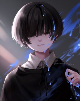 1boy black_hair black_shirt blood blood_in_hair blood_on_clothes blood_on_hands blue_blood closed_mouth commentary english_commentary grey_eyes hair_between_eyes hand_up looking_at_viewer male_focus mooshiki nose original shirt short_hair solo upper_body
