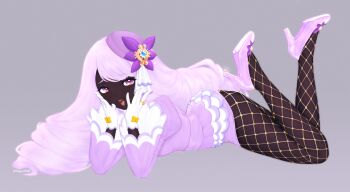 1girl :d absurdres ameyumei commentary dark-skinned_female dark_skin dress eyelashes fishnet_pantyhose fishnets from_side full_body gloves grey_background hands_up hat_ornament high_heels highres jacinthe_(pokemon) jewelry lace_pantyhose_hooked_on_heel_(meme) long_hair long_sleeves looking_at_viewer meme nintendo open_mouth pantyhose pokemon pokemon_legends:_z-a purple_dress ring signature simple_background smile solo teeth tilted_headwear tongue very_dark_skin white_gloves