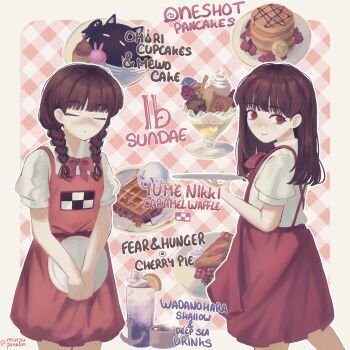 Rule 34 | 2girls, absurdres, adapted costume, anchor, apron, character request, cherry pie, crossover, cupcake, fear &amp; hunger (series), food, funamusea, highres, ib (kouri), ice cream, madotsuki, maid cafe, minpupunkun, multiple crossover, multiple girls, omori, oneshot (game), oounabara to wadanohara, pancake, pie, red apron, souffle pancake, sundae, wafer, waffle, yume nikki