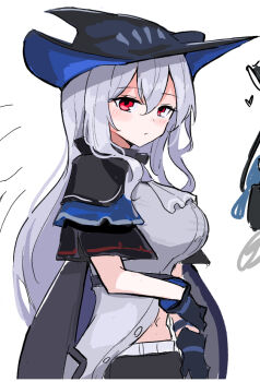 1girl arknights ascot black_gloves black_hat blue_hat blush bone_hiko breasts closed_mouth commentary_request gloves grey_ascot grey_hair grey_shirt hair_between_eyes hat long_hair looking_at_viewer medium_breasts navel oekaki paint_chat_(medium) partial_commentary red_eyes shirt short_sleeves simple_background skadi_(arknights) skadi_(elite_ii)_(arknights) solo two-sided_fabric two-sided_headwear white_background