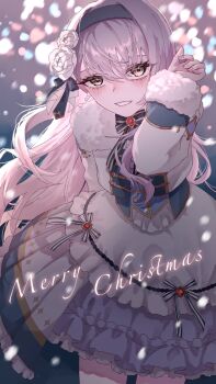 1girl bang_dream! busshitsuryou dress earrings fingernails flower frilled_dress frills fur-trimmed_sleeves fur_trim gem green_eyes hairband highres jewelry long_sleeves looking_at_viewer merry_christmas minato_yukina rose snow snowing solo white_dress white_flower white_rose yellow_eyes