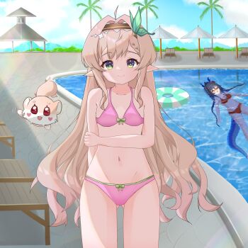 2girls ahoge bikini bow bra breasts closed_mouth commission dragon_girl dragon_horns dragon_tail flower flower_pot green_eyes hair_ornament highres hisui_hotaru horns knee_up knees_up kyoichi long_hair looking_at_viewer multiple_girls outdoors panties pink_bra pink_panties pointy_ears pool ribbon sansha_safaia small_breasts smile squirrel swimsuit table tail takara_live underwear virtual_youtuber water