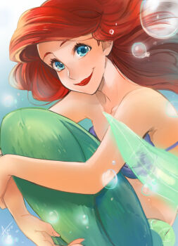 Rule 34 | 1girl, ano (sbee), ariel (disney), artist name, bare arms, bare shoulders, bikini, bikini top only, blue background, blue eyes, breasts, bubble, closed mouth, disney, female focus, floating hair, happy, lips, lipstick, long hair, looking at viewer, makeup, mermaid, monster girl, neck, purple bikini, red hair, red lips, shell, shell bikini, simple background, small breasts, smile, solo, straight hair, strapless, strapless bikini, swimsuit, the little mermaid (disney), underwater, water