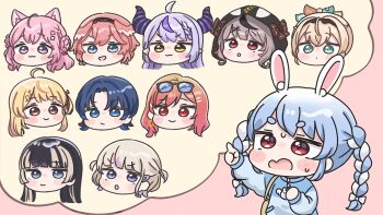 Rule 34 | 6+girls, :3, :d, :o, animal ear fluff, animal ears, bag, beamed eighth notes, black hair, blonde hair, blue eyes, blue hair, blue jacket, blush stickers, bow, braid, braided bangs, brown eyes, brown hair, chibi, closed mouth, demon horns, eighth note, eyewear on head, fortissimo, gradient hair, green eyes, grey hair, hair between eyes, hair bow, hair ornament, hakui koyori, head wings, hiodoshi ao, hololive, hololive dev is, hood, hood up, horns, ichijou ririka, jacket, juufuutei raden, kazama iroha, la+ darknesss, long sleeves, mochimiko, multicolored hair, multiple girls, musical note, musical note hair ornament, open mouth, otonose kanade, parted bangs, parted lips, pink hair, pink wings, plaid bow, pointing, puffy long sleeves, puffy sleeves, purple eyes, purple hair, rabbit ears, red bow, red eyes, red hair, sakamata chloe, smile, streaked hair, sunglasses, takane lui, todoroki hajime, twin braids, twintails, two-tone hair, usada pekora, virtual youtuber, wavy mouth, white bow, white hair, wings