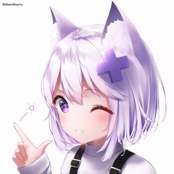 1girl animal_ear_fluff animal_ears blush cat_ears cat_girl commentary commission english_commentary eyelashes filian_(vtuber) hair_ornament highres index_finger_raised indie_virtual_youtuber long_sleeves mash_mayoru mint_(vrchat) one_eye_closed portrait purple_eyes second-party_source short_hair simple_background smile solo star_(symbol) suspenders teeth twitter_username virtual_youtuber white_background white_hair x_hair_ornament