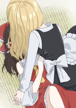 2girls absurdres apron ascot back_bow black_skirt black_vest blonde_hair bow brown_hair clothes_grab commentary_request detached_sleeves facing_away frilled_bow frilled_hair_tubes frilled_skirt frills from_behind hair_bow hair_tubes hakurei_reimu highres kirisame_marisa long_hair lying multiple_girls no_headwear on_back red_bow red_skirt skirt skirt_set tatami touhou tsuno_no_hito vest waist_apron white_apron white_bow yellow_ascot
