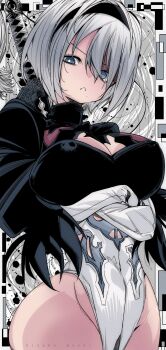 1girl 2b_(nier:automata) absurdres alternate_breast_size_(larger) back_cutout black_gloves black_hairband breasts clothing_cutout crossed_arms feather-trimmed_sleeves feather_trim gloves hairband highleg highleg_leotard highres juliet_sleeves kinakomochi_(user_vedc2333) large_breasts leotard long_sleeves mole mole_under_mouth nier:automata nier_(series) no_blindfold puffy_sleeves short_hair solo thong_leotard white_hair white_leotard