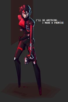 absurdres amputee android aurochima blood bone cyberpunk elster_(signalis) gun handgun highres joints low_bore_axis_revolver mechabare metal_skin no_feet pixel_text revolver robot_girl robot_joints science_fiction signalis snubnosed_revolver weapon