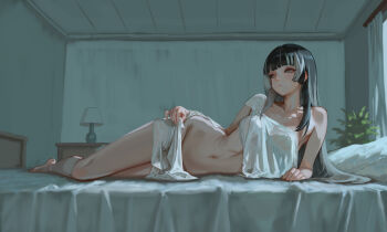 1girl absurdres barefoot bedroom black_hair blue_eyes blunt_bangs commentary_request curtains grey_hair highres hololive hololive_dev_is impasto indoors juufuutei_raden lamp long_hair lying making-of_available multicolored_hair navel nyamunyamu_(eminyam) on_bed on_side pillow solo stomach streaked_hair thighs two-tone_hair virtual_youtuber window