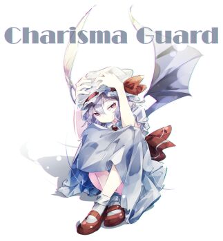 Rule 34 | 1girl, bat wings, charisma guard, closed mouth, cowering, dot mouth, dress, gorilla (bun0615), hair between eyes, hands on own head, hands up, hat, hat ribbon, highres, mob cap, purple dress, purple hair, red eyes, red ribbon, red shoes, remilia scarlet, ribbon, shoes, short sleeves, solo, touhou, white hat, wings