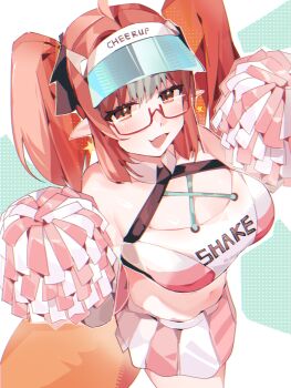 1girl arknights bare_legs bare_shoulders belly breasts cheerleader cleavage_cutout clothing_cutout commentary from_above glasses green_background halterneck highres large_breasts large_tail looking_at_viewer navel official_alternate_costume open_mouth pointy_ears pom_pom_(cheerleading) red_eyes red_hair solo standing tail twintails two-tone_background untranslatable_commentary visor_cap white_background wulfenite_(arknights) wulfenite_(bouncing_rhythms)_(arknights) wyyxhltk