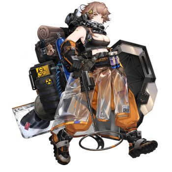 1girl ahoge backpack bag ballistic_shield bandaid bandaid_on_arm bandaid_on_stomach bare_shoulders bedroll biohazard_symbol black_boots boots breasts brown_eyes brown_hair cleavage clothes_around_waist full_body game_cg gas_mask girls&#039;_frontline girls&#039;_frontline_neural_cloud gloves hair_ornament hazard_symbol highres jacket large_breasts mask metal_detector midriff navel nbc_suit official_art orange_pants oxygen_tank pants poison_symbol radiation_symbol see-through_clothes see-through_jacket shield short_hair skull_and_crossbones solo stuffed_animal stuffed_toy symbol tank_top teddy_bear toxic_symbol transparent_background triangle_hair_ornament unworn_mask zion_(neural_cloud)