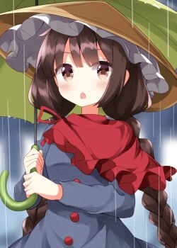 1girl blurry blurry_background blush braid brown_eyes brown_hair brown_hat capelet commentary_request dress grey_dress hat highres holding holding_umbrella long_hair long_sleeves open_mouth rain red_capelet ruu_(tksymkw) solo touhou twin_braids umbrella yatadera_narumi