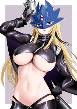 1girl beelstarmon blonde_hair blue_mask breasts daive digimon digimon_(creature) eye_mask gun handgun highres holding holding_gun holding_weapon large_breasts long_hair looking_at_viewer mask midriff navel purple_eyes solo third_eye weapon