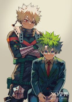 2boys bakugou_katsuki belt blonde_hair blue_jacket boku_no_hero_academia closed_mouth collared_shirt commentary_request crossed_arms facial_scar formal_clothes green_belt green_eyes green_hair hair_between_eyes highres jacket knee_pads lapels long_sleeves looking_at_viewer male_focus midoriya_izuku multiple_boys necktie notched_lapels parted_bangs pouch red_eyes red_necktie scar scar_on_cheek scar_on_face shirt simple_background sitting spiked_hair standing suit suit_jacket thigh_pouch uneven_eyes use_zeinuki watermark white_shirt wing_collar