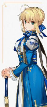 1girl absurdres ahoge artoria_pendragon_(fate) blonde_hair blue_bow blue_bowtie blue_dress blue_ribbon bow bowtie breasts dress fate_(series) frilled_sleeves frills from_side green_eyes highres holding holding_sword holding_weapon kamisato_sora long_hair looking_at_viewer medium_breasts ribbon saber_(fate) solo standing sword weapon