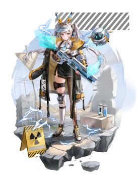 1girl absurdres aina_156cm animal_ear_headphones animal_ears arm_out_of_sleeve black_coat black_shoes black_skirt blue_necktie blush box brown_pantyhose cardboard_box caution caution_tape chest_harness closed_mouth coat collared_shirt commentary cross-laced_shoes expressionless fake_animal_ears full_body grey_hair gun harness headphones headset highres holding holding_gun holding_weapon holographic_interface id_card keep_out knee_pads leg_holster long_hair long_sleeves necktie non-humanoid_robot original pantyhose patch radiation_symbol road_sign robot ruins science_fiction shirt shoes short_necktie shoulder_patch sign single_knee_pad single_leg_pantyhose single_thighhigh skirt sleeveless sleeveless_shirt standing thighhighs twintails two-sided_fabric visor_cap weapon white_background white_shirt white_thighhighs yellow_eyes