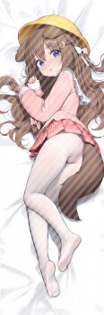 1girl absurdres animal_ears ass azur_lane blue_eyes brown_hair crescent crescent_hair_ornament dakimakura_(medium) dog_ears dog_girl dog_tail feet full_body fumizuki_(azur_lane) hair_ornament hairclip hat highres kaguya_white_rabbit kindergarten_uniform kneepits legs loli long_hair lying no_panties no_shoes on_side pantyhose pink_shirt pink_skirt pleated_skirt ribbon school_hat shirt skirt soles solo tail thighs toes white_pantyhose white_ribbon yellow_hat