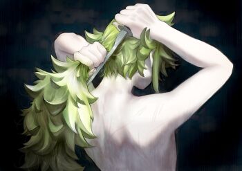 arms_up black_background commentary_request cutting_hair cutting_own_hair from_behind green_hair highres holding holding_knife holding_own_hair jakusann_stella knife long_hair n_(pokemon) nintendo nude pokemon pokemon_bw upper_body very_long_hair weapon