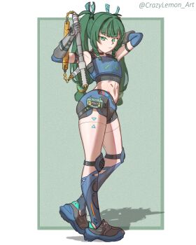 1girl absurdres android arm_behind_head black_gloves braid braided_sidelocks commentary crazylemon_art fingerless_gloves full_body gloves green_background green_eyes green_hair hair_ornament highres holding holding_weapon joints long_hair looking_at_viewer navel police police_uniform policewoman qingyi_(zenless_zone_zero) robot_girl robot_joints shadow shoes shorts sidelocks solo sphere_hair_ornament standing thighs twintails twitter_username two-tone_background weapon white_background zenless_zone_zero