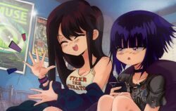 Rule 34 | 2girls, bad id, bad twitter id, black choker, black hair, black jacket, black shirt, blue eyes, blush, breasts, choker, cleavage, grs-, hailey (grs-), highres, holding, holding phone, indoors, jacket, lens flare, long hair, long sleeves, multiple girls, muse (band), off shoulder, open mouth, original, phone, poster (object), print shirt, purple eyes, sex pistols, shirt, short hair, short sleeves, sitting, smile, talia (grs-), tank top, tyler the creator, upper body, white tank top