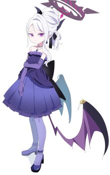1girl absurdres black_halo blue_archive closed_mouth commentary dress earrings elbow_gloves full_body gem gloves halo hand_on_own_arm high_heels highres hina_(blue_archive) hina_(dress)_(blue_archive) jewelry kyureizi long_hair looking_at_viewer low_wings official_alternate_costume pantyhose pendant purple_dress purple_eyes purple_gem purple_gloves purple_pantyhose purple_shoes shoes simple_background solo standing strapless strapless_dress untranslatable_commentary white_background white_hair wings