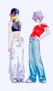 Rule 34 | 2boys, baseball cap, black hair, blonde hair, blue eyes, blue pants, closed mouth, crop top, denim, expressionless, full body, gundam, gundam seed, gundam seed destiny, hands on own hips, hat, highres, looking at viewer, male focus, medium hair, midriff, multiple boys, pants, red eyes, red shirt, rey za burrel, shinn asuka, shirt, shoes, short hair, simple background, sneakers, standing, tokumei wombat, white background, white pants
