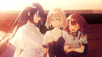 3girls :d ^_^ arm_hug bag black_dress black_hair blonde_hair blue_eyes blush breasts brown_eyes choker closed_eyes closed_mouth collared_shirt dress hair_between_eyes highres holding_hands key_visual layered_sleeves long_hair long_sleeves medium_breasts momoiro multiple_girls official_art open_mouth oumi_shiori outdoors promotional_art puffy_short_sleeves puffy_sleeves red_hair shirt short_hair short_over_long_sleeves short_sleeves sleeveless sleeveless_dress smile sunset tears two_side_up upper_body very_long_hair watashi_wo_tabetai_hitodenashi water white_dress white_shirt yaotose_hinako yashiro_miko yellow_eyes