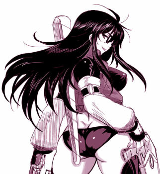 1girl ass brave_story character_request closed_mouth commentary_request dr.p fingerless_gloves glasses gloves greyscale gun long_hair looking_at_viewer midriff monochrome simple_background smile solo weapon white_background