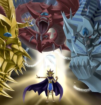 1boy absurdres atem chain clenched_hand dragon duel_monster fangs highres hyoumu92 male_focus millennium_puzzle multicolored_hair obelisk_the_tormentor open_mouth osiris_the_sky_dragon solo teeth the_winged_dragon_of_ra yu-gi-oh! yu-gi-oh!_duel_monsters