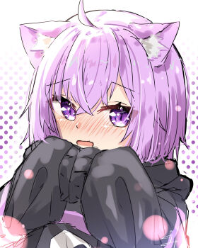 1girl absurdres ahoge animal_ear_fluff animal_ears blush cat_ears cat_girl commentary_request fang highres hololive looking_at_viewer medium_hair nekomata_okayu nekomata_okayu_(1st_costume) purple_eyes purple_hair skin_fang sleeves_past_fingers sleeves_past_wrists smile solo u_da_desu virtual_youtuber