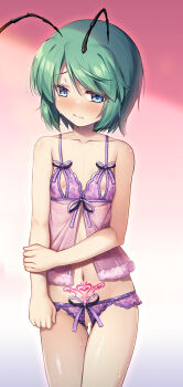 1girl antennae babydoll bar_censor blue_eyes blush censored chima_q closed_mouth cowboy_shot crotchless crotchless_panties cupless_babydoll flat_chest frown gradient_background green_hair highres loli looking_at_viewer navel nipples panties pink_babydoll pink_background pink_panties pubic_tattoo pussy shiny_skin short_hair solo tattoo touhou underwear underwear_only wriggle_nightbug