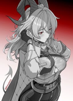 absurdres armband birkai blush breasts button_gap chest_harness choker closed_mouth collared_shirt commentary curled_horns demon_tail earrings gloves gradient_background greyscale_with_colored_background hair_between_eyes hand_on_own_hip hand_up harness highres horns jewelry key_earrings large_breasts long_hair looking_ahead mole mole_under_eye necktie pants red_background red_eyes shirt shirt_tucked_in spot_color sweat tail tight_clothes tight_pants twitter_username wuthering_waves zani_(wuthering_waves)