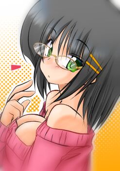 1girl aizawa_sakuya anzai_satsuki arm_up bare_shoulders blush breasts cleavage dress glasses green_eyes grey_hair hair_ornament hayate_no_gotoku! highres large_breasts short_hair solo sweater sweater_dress upper_body
