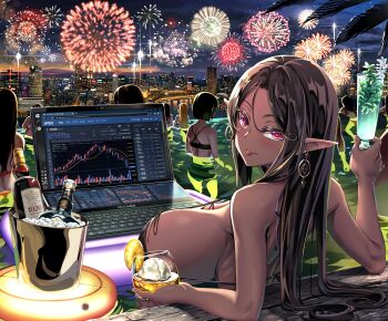 Rule 34 | 6+girls, alcohol, back, black hair, bottle, breasts, bucket, building, city, computer, dark-skinned female, dark skin, earrings, elf, fat, fat man, fireworks, food, fruit, glass, highres, huge breasts, ice, ice cube, jewelry, lamp, laptop, lemon, lemon slice, long hair, looking at viewer, looking back, miyu (miyu heuung), multiple boys, multiple girls, night, original, pointy ears, pool, red eyes, smile, swimsuit, tongue, tongue out, water
