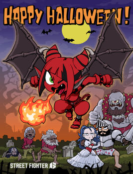 3girls 4boys akuma_(street_fighter) armor beard boxers breath_weapon breathing_fire cammy_white capcom colored_skin company_connection cosplay elena_(street_fighter) facial_hair fire firebrand firebrand_(cosplay) food_print fruit_print guinevere_(makaimura) guinevere_(makaimura)_(cosplay) han_juri highres kangyaku lance m._bison makaimura male_underwear multiple_boys multiple_girls official_art polearm red_skin ryu_(street_fighter) sir_arthur_(makaimura) sir_arthur_(makaimura)_(cosplay) smile street_fighter street_fighter_6 tombstone underwear weapon zangief