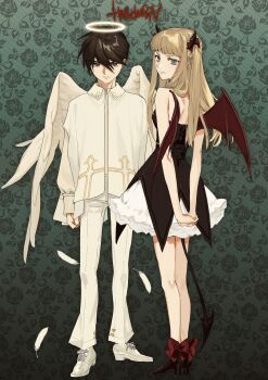 1boy 1girl absurdres angel angel_and_devil angel_wings arms_behind_back black_dress blonde_hair brown_hair demon_horns demon_tail demon_wings dress falling_feathers feathered_wings feathers full_body green_background green_eyes grey_eyes gundam gundam_wing halloween halo heero_yuy highres horns long_hair long_sleeves looking_at_viewer looking_back mashiro_andy pants relena_peacecraft shirt shoes short_hair standing tail traditional_halo two_side_up white_pants white_shirt white_wings wings