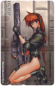 1girl ass bare_legs black_eyes black_gloves boots card_(medium) elbow_pads flat_ass full_body gloves gun holding holding_gun holding_weapon leotard light_smile long_hair looking_at_viewer non-web_source official_art original red_hair rifle shirou_masamune solo weapon