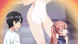 1boy 1girl amano_erika animated anime_screenshot ass bathroom black_hair blue_ribbon blue_skirt blush breasts cleavage double_bun earrings hair_bun hair_ribbon highres jewelry kakkou_no_iinazuke large_breasts naked_towel open_mouth panties pantyshot pink_hair purple_eyes ribbon shirt skirt sound stud_earrings tagme thighs towel twintails umino_nagi underwear video white_panties