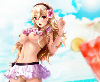 1girl absurdres arm_up bangle beach black_trim blonde_hair blush bracelet breasts cloud female_corrin_(fire_emblem) female_corrin_(novice_vacationer)_(fire_emblem) cup drink drinking_glass embarrassed esther_shen fingernails fire_emblem fire_emblem_fates fire_emblem_heroes flower flower_necklace food fruit functionally_nude hair_between_eyes hair_flower hair_ornament hairband highres jewelry lemon lemon_slice long_hair looking_at_viewer medium_breasts nail_polish navel necklace nintendo nipples no_panties parted_bangs parted_lips pink_nails pussy red_eyes ribbon ribbon-trimmed_skirt ribbon_trim shiny_skin skirt solo solo_focus sun swimsuit swimsuit_skirt topless_female upskirt water wavy_hair white_skirt wide_hips