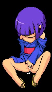 1girl akai_(ugokashitari) animated animated_gif bare_shoulders blue_kimono blush bottomless clothed_sex dripping female_masturbation fingering japanese_clothes kimono loli masturbation no_panties original pixel_art pussy pussy_juice short_hair simple_background slippers