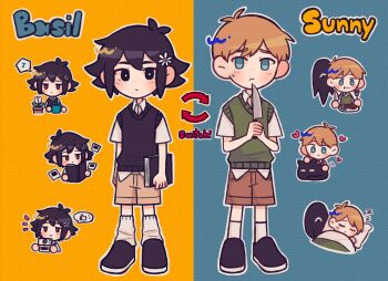 2boys :&gt; animal antenna_hair arrow_(symbol) basil_(faraway)_(omori) basil_(omori) black_eyes black_hair black_shoes black_sweater_vest blonde_hair blue_background blue_eyes blush book bright_pupils brown_shorts camera cat character_name chibi closed_mouth collared_shirt cosplay costume_switch double-parted_bangs eighth_note eye_color_switch flower flower_pot food fork goodluck_4444 green_sweater_vest hair_between_eyes hair_color_switch hair_flower hair_ornament heart highres holding holding_animal holding_book holding_camera holding_cat holding_fork holding_knife holding_watering_can knife looking_at_viewer male_focus mewo multiple_boys musical_note omori orange_background photo_(object) plant plate potted_plant shirt shoes short_hair short_sleeves shorts sleeping smile socks something_(omori) speech_bubble spoken_musical_note spoken_thumbs_up steak sunny_(omori) sweatdrop sweater_vest tulip two-tone_background watering_can white_flower white_pupils white_shirt white_socks white_tulip zzz