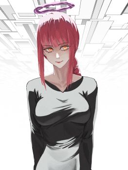 1girl absurdres black_dress braid braided_ponytail breasts chainsaw_man closed_mouth dress halo highres kiwi_(uwee8553) long_hair looking_at_viewer makima_(chainsaw_man) medium_breasts purple_halo red_hair ringed_eyes sidelocks solo yellow_eyes